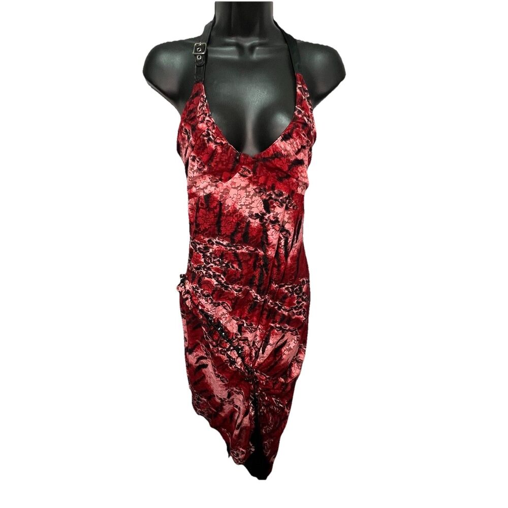 Vintage RARE Lip Service Goth Red Buckle Halter Dress Asym Ruffle Lace Y2K MED M